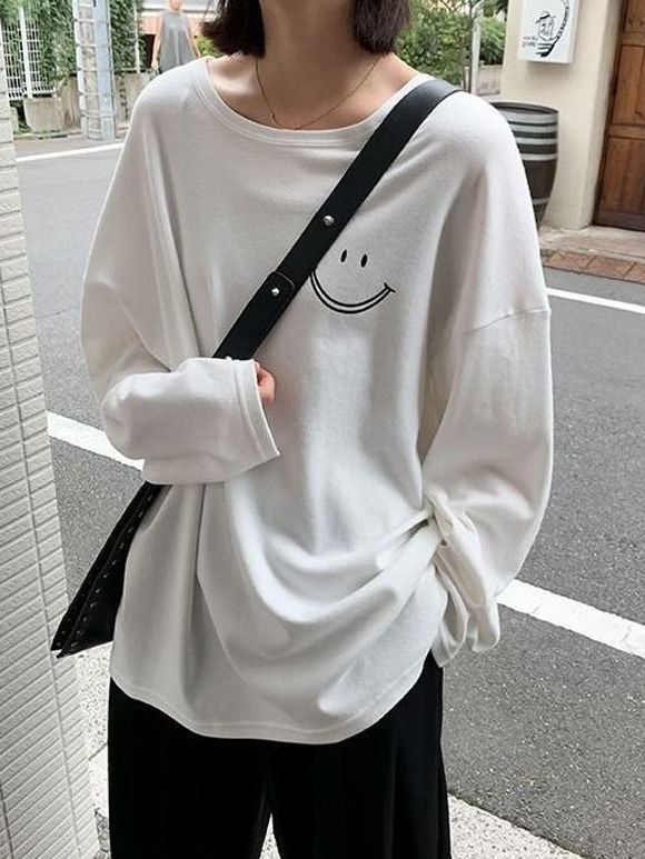 プリント長袖シンプル定番ファッションラウンドネックTシャツ